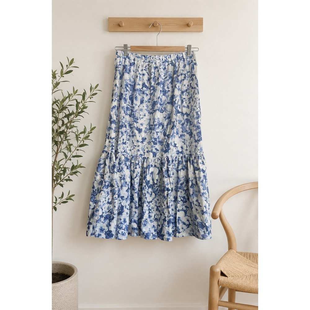 Laura Ashley Blue Floral Linen Blend Tiered Midi Skirt Sz S Cottagecore Boho